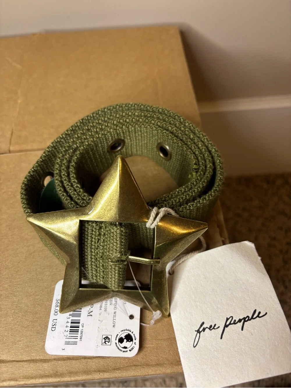 Free People Zoa Hip Belt Weeping Willow Green Star Buckle S/M New With Tags